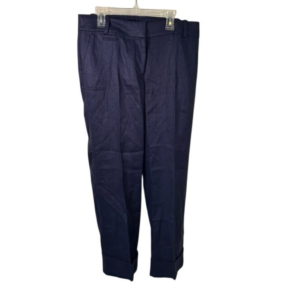 J.Crew Cafe Trouser Navy Blue 100% Linen Herringbone Cuffed Pants Size 4